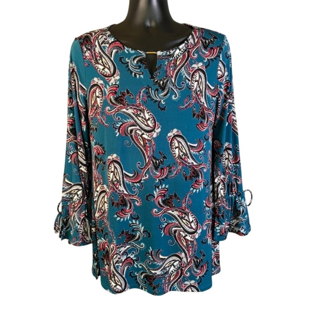 White House Black Market Teal Paisley Keyhole Neck Bell Sleeve Top Size Medium